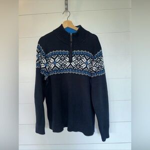LL Bean Sweater Mens 1/4 Zip Mock Size L Large Fair Isle Nordic Print Blue AA10